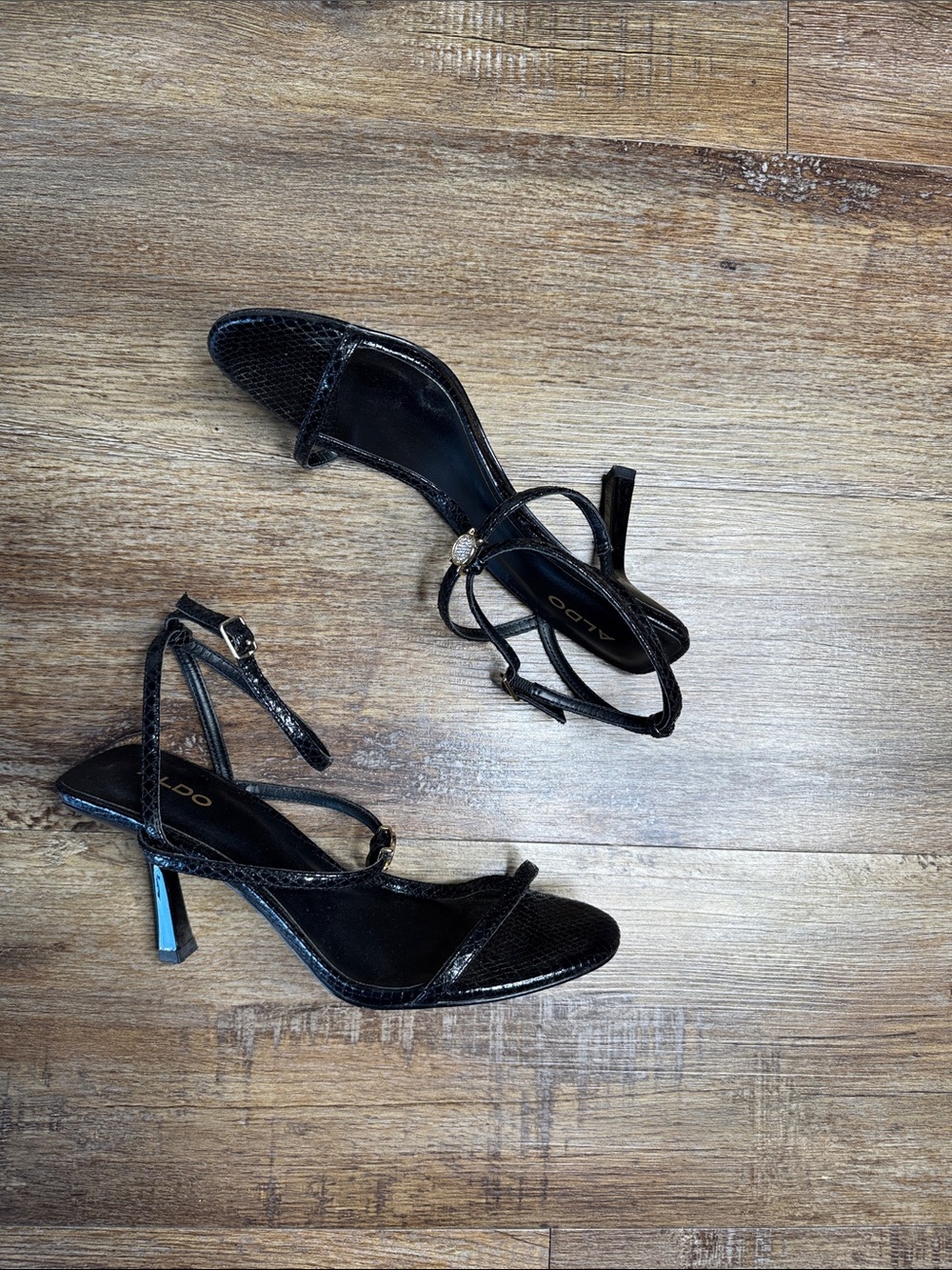 ALDO Black Strappy Mid-Heel Sandals with Textured Finish